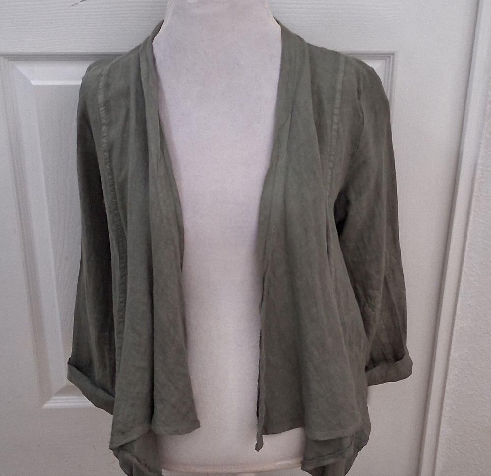 Tempo Paris Linen Olive Green Open Jacket Size M - Picture 4 of 10